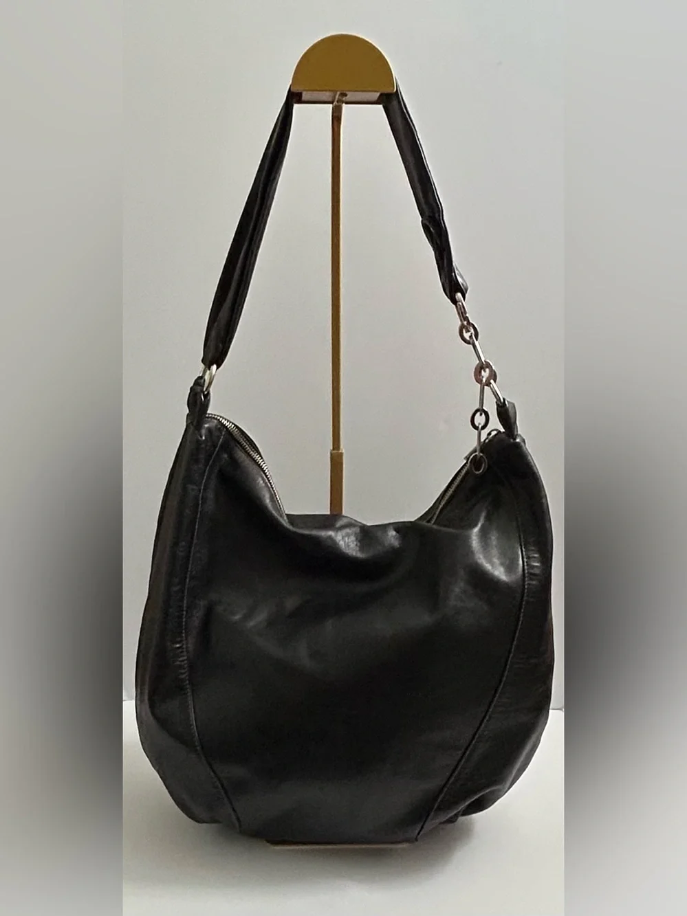 Prune Black Leather Hobo with Metal Ring Accents